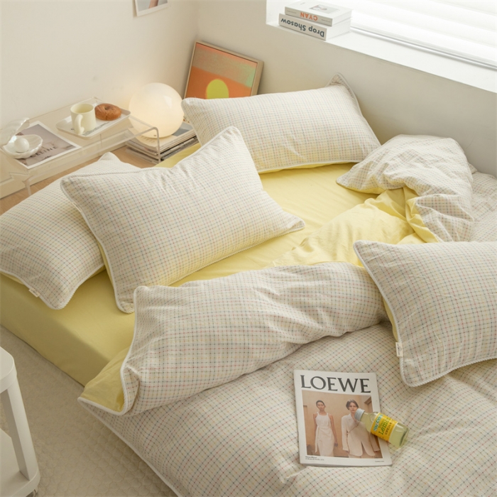91家纺网 家纺一手货源 找家纺 玛奇朵2022色织提花水洗棉四件套-彩格系列 棚拍图 彩格 黄