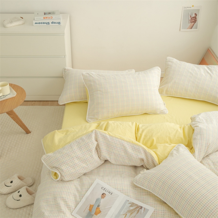 91家纺网 家纺一手货源 找家纺 玛奇朵2022色织提花水洗棉四件套-彩格系列 棚拍图 彩格 黄