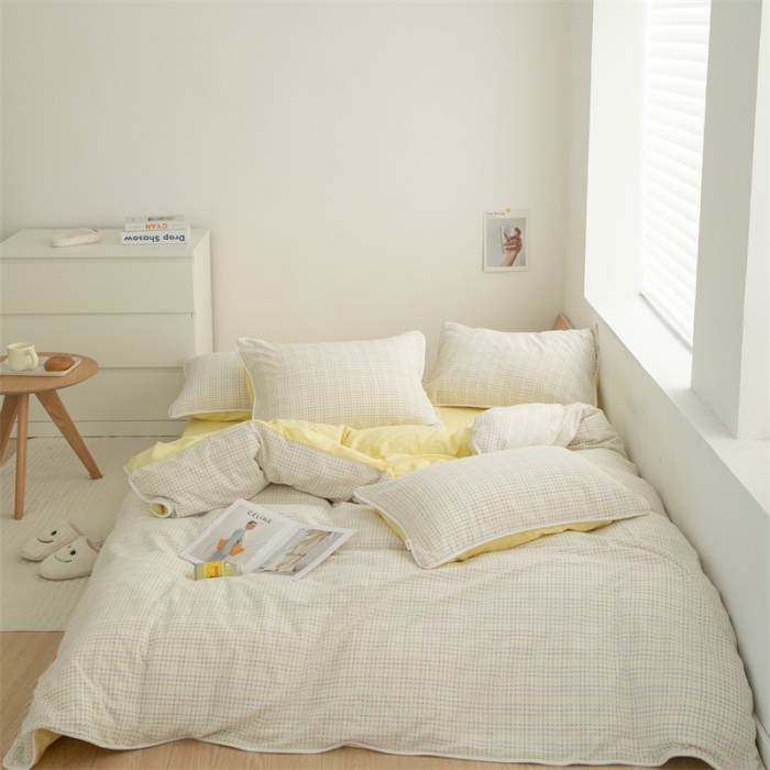 91家纺网 家纺一手货源 找家纺 玛奇朵2022色织提花水洗棉四件套-彩格系列 棚拍图 彩格 黄