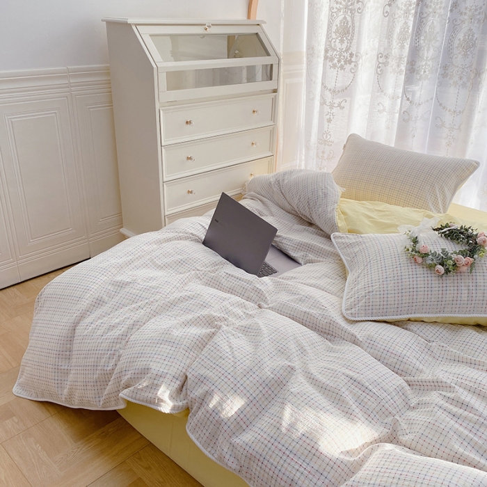 91家纺网 家纺一手货源 找家纺 玛奇朵 2022全棉提花水洗棉四件套-彩格系列 实拍图 彩格-黄