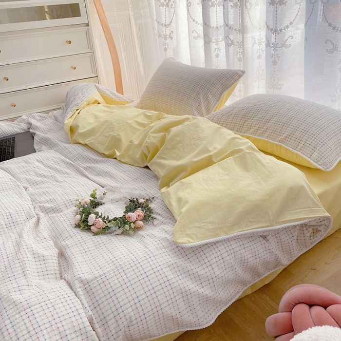 91家纺网 家纺一手货源 找家纺 玛奇朵 2022全棉提花水洗棉四件套-彩格系列 实拍图 彩格-黄