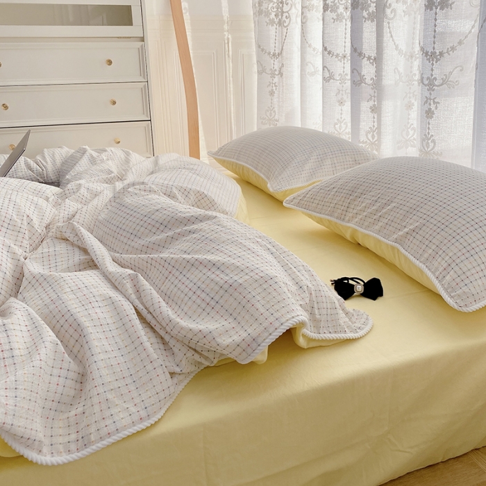 91家纺网 家纺一手货源 找家纺 玛奇朵 2022全棉提花水洗棉四件套-彩格系列 实拍图 彩格-黄