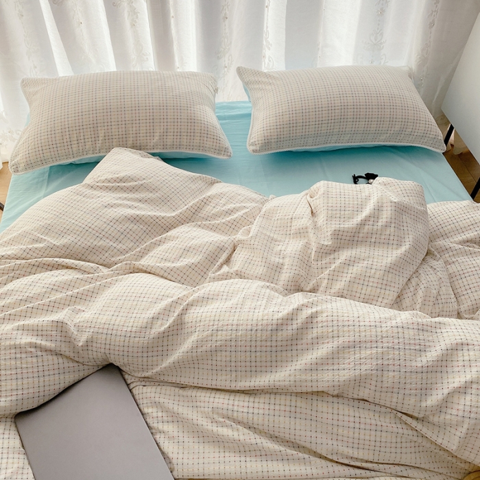 91家纺网 家纺一手货源 找家纺 玛奇朵 2022全棉提花水洗棉四件套-彩格系列 实拍图 彩格-蓝