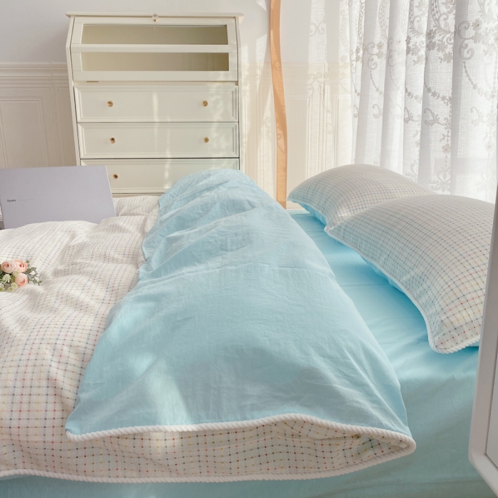 91家纺网 家纺一手货源 找家纺 玛奇朵 2022全棉提花水洗棉四件套-彩格系列 实拍图 彩格-蓝