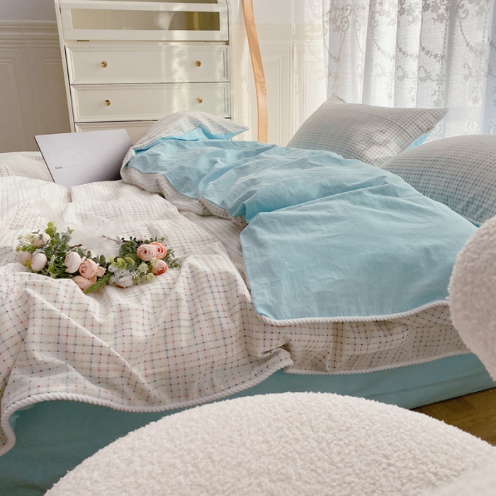 91家纺网 家纺一手货源 找家纺 玛奇朵 2022全棉提花水洗棉四件套-彩格系列 实拍图 彩格-蓝