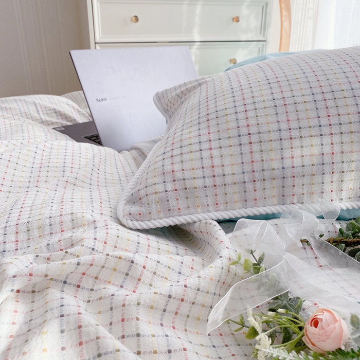 91家纺网 家纺一手货源 找家纺 玛奇朵 2022全棉提花水洗棉四件套-彩格系列 实拍图 彩格-蓝