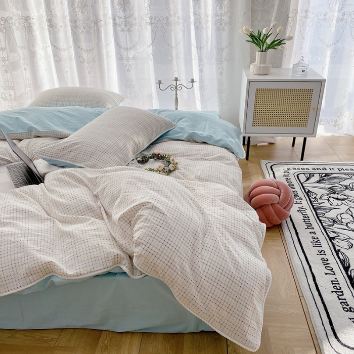 91家纺网 家纺一手货源 找家纺 玛奇朵 2022全棉提花水洗棉四件套-彩格系列 实拍图 彩格-蓝