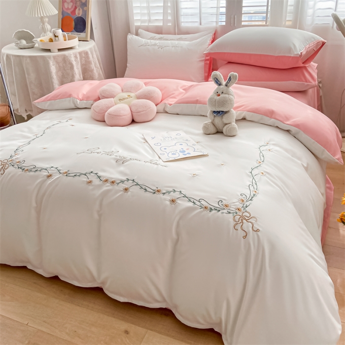 91家纺网 家纺一手货源 找家纺 眠帛 2022新款柔丝棉绣花四件套 繁花奶白