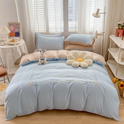 眠帛 2022新款柔丝棉绣花四件套 繁花天空蓝