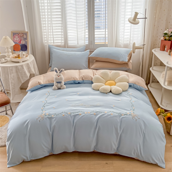 91家纺网 家纺一手货源 找家纺 眠帛 2022新款柔丝棉绣花四件套 繁花天空蓝