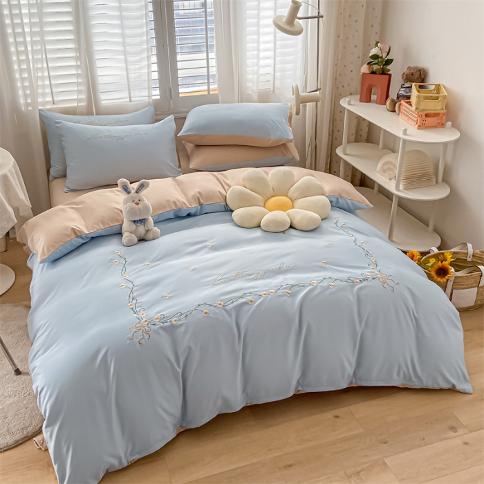 91家纺网 家纺一手货源 找家纺 眠帛 2022新款柔丝棉绣花四件套 繁花天空蓝