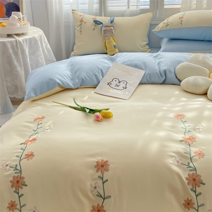 91家纺网 家纺一手货源 找家纺 眠帛 2022新款柔丝棉绣花四件套 花恋奶黄