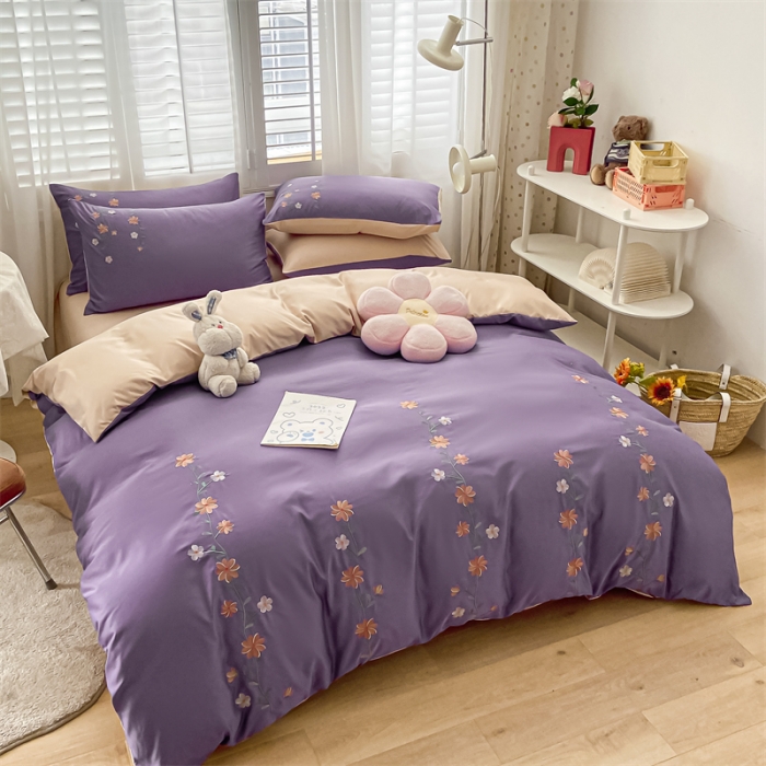 91家纺网 家纺一手货源 找家纺 眠帛 2022新款柔丝棉绣花四件套 花恋优雅紫