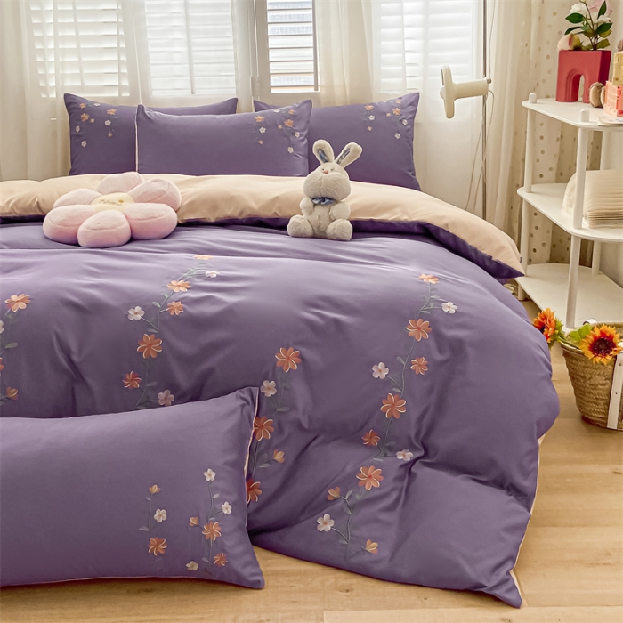 91家纺网 家纺一手货源 找家纺 眠帛 2022新款柔丝棉绣花四件套 花恋优雅紫