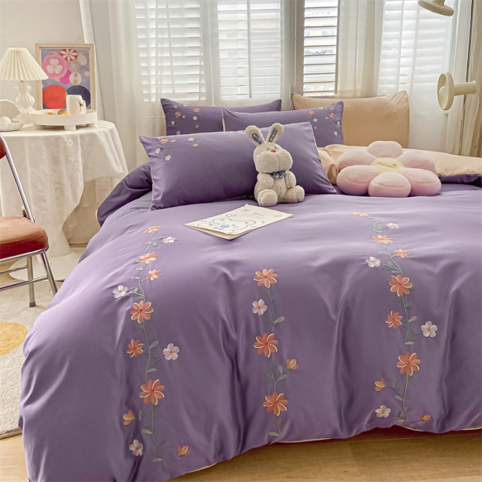 91家纺网 家纺一手货源 找家纺 眠帛 2022新款柔丝棉绣花四件套 花恋优雅紫
