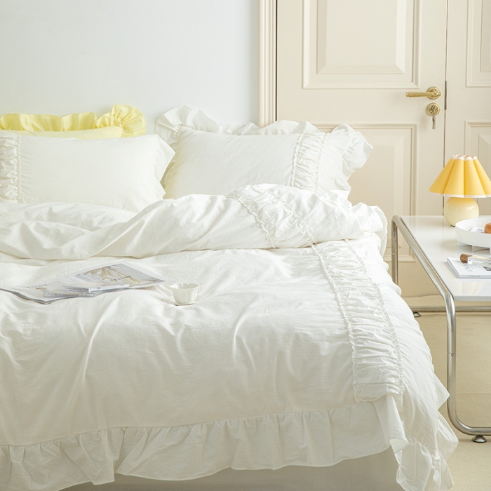 91家纺网 家纺一手货源 找家纺 （总）玛奇朵 新款40s全棉水洗棉花边四件套-恬蜜系列 棚拍图