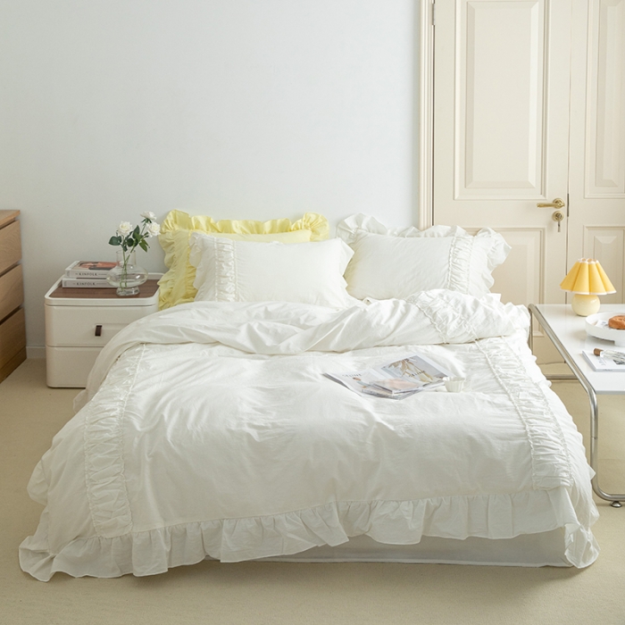 91家纺网 家纺一手货源 找家纺 玛奇朵 新款40s全棉水洗棉花边四件套-恬蜜系列 棚拍图 恬蜜-白