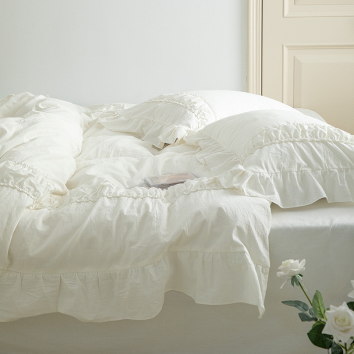 91家纺网 家纺一手货源 找家纺 玛奇朵 新款40s全棉水洗棉花边四件套-恬蜜系列 棚拍图 恬蜜-白