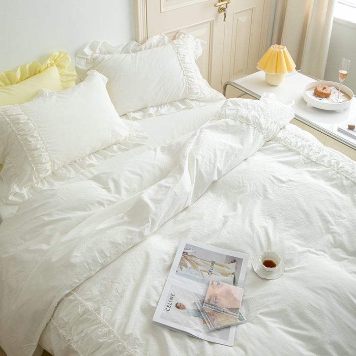 91家纺网 家纺一手货源 找家纺 玛奇朵 新款40s全棉水洗棉花边四件套-恬蜜系列 棚拍图 恬蜜-白