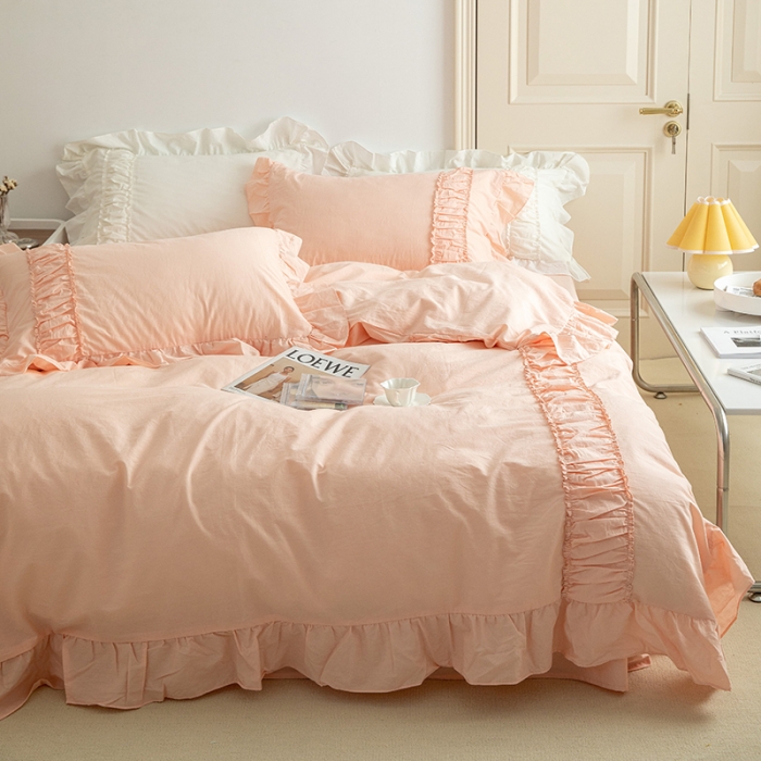 91家纺网 家纺一手货源 找家纺 玛奇朵 新款40s全棉水洗棉花边四件套-恬蜜系列 棚拍图 恬蜜-粉