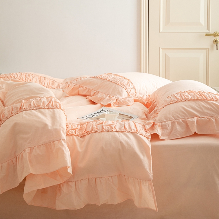 91家纺网 家纺一手货源 找家纺 玛奇朵 新款40s全棉水洗棉花边四件套-恬蜜系列 棚拍图 恬蜜-粉