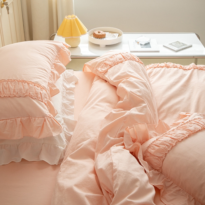 91家纺网 家纺一手货源 找家纺 玛奇朵 新款40s全棉水洗棉花边四件套-恬蜜系列 棚拍图 恬蜜-粉