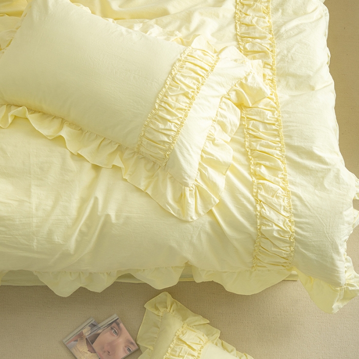 91家纺网 家纺一手货源 找家纺 玛奇朵 新款40s全棉水洗棉花边四件套-恬蜜系列 棚拍图 恬蜜-黄