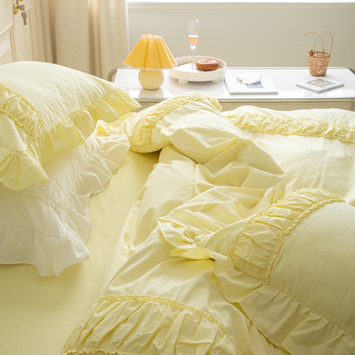 91家纺网 家纺一手货源 找家纺 玛奇朵 新款40s全棉水洗棉花边四件套-恬蜜系列 棚拍图 恬蜜-黄