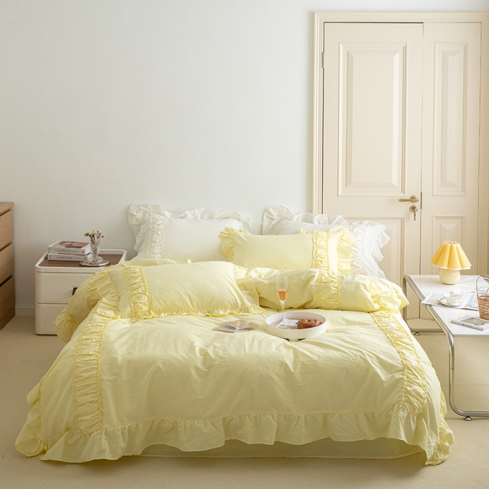 91家纺网 家纺一手货源 找家纺 玛奇朵 新款40s全棉水洗棉花边四件套-恬蜜系列 棚拍图 恬蜜-黄