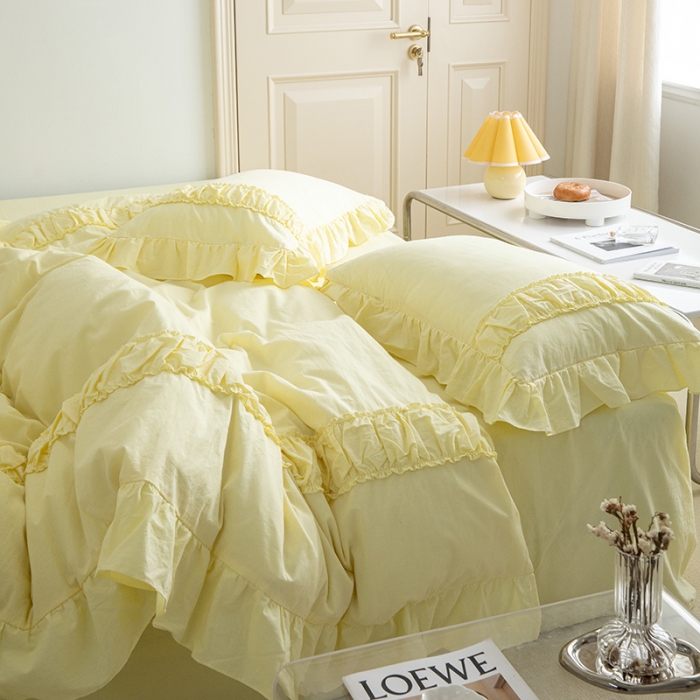 91家纺网 家纺一手货源 找家纺 玛奇朵 新款40s全棉水洗棉花边四件套-恬蜜系列 棚拍图 恬蜜-黄