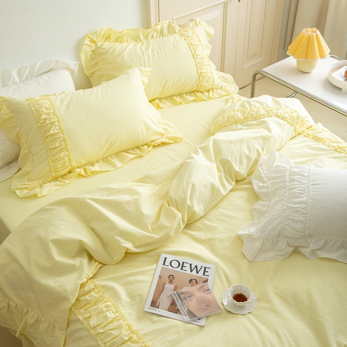 91家纺网 家纺一手货源 找家纺 玛奇朵 新款40s全棉水洗棉花边四件套-恬蜜系列 棚拍图 恬蜜-黄