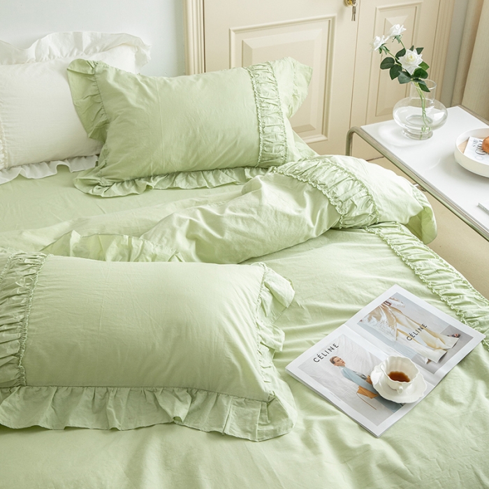 91家纺网 家纺一手货源 找家纺 玛奇朵 新款40s全棉水洗棉花边四件套-恬蜜系列 棚拍图 恬蜜-绿