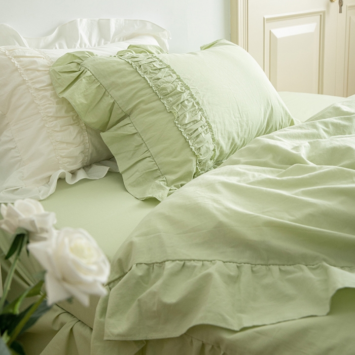 91家纺网 家纺一手货源 找家纺 玛奇朵 新款40s全棉水洗棉花边四件套-恬蜜系列 棚拍图 恬蜜-绿