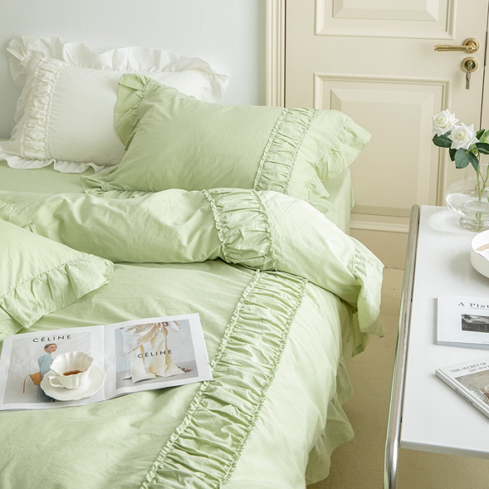 91家纺网 家纺一手货源 找家纺 玛奇朵 新款40s全棉水洗棉花边四件套-恬蜜系列 棚拍图 恬蜜-绿