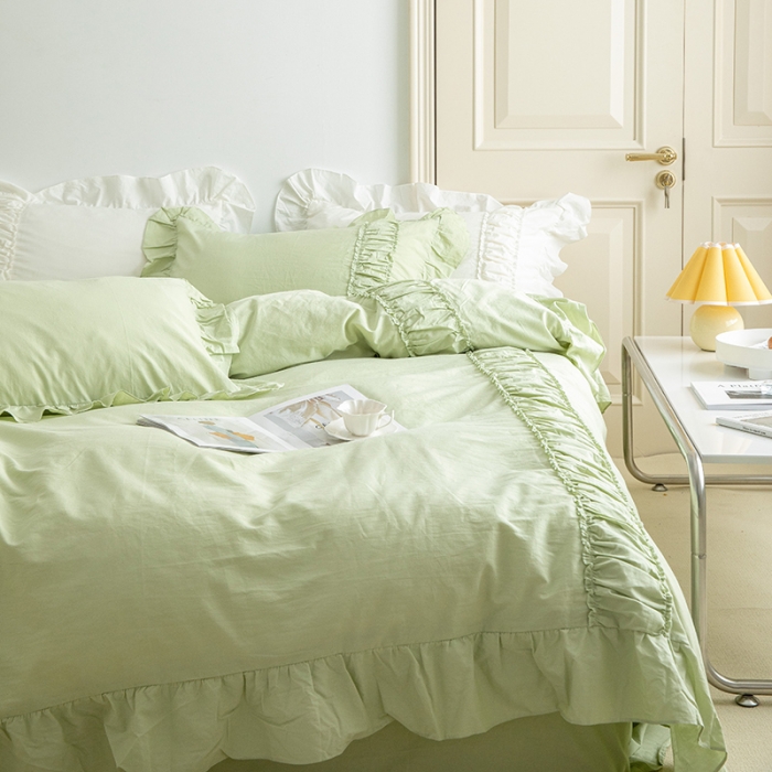 91家纺网 家纺一手货源 找家纺 玛奇朵 新款40s全棉水洗棉花边四件套-恬蜜系列 棚拍图 恬蜜-绿