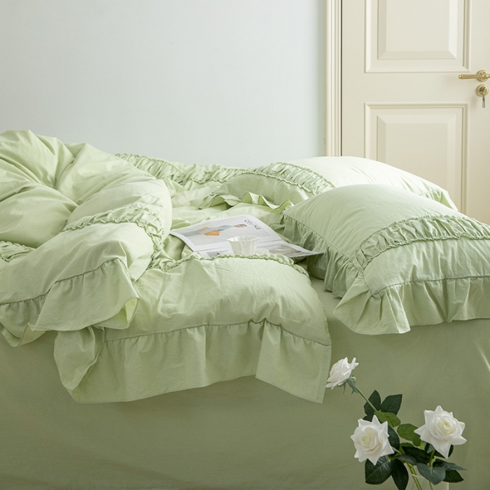 91家纺网 家纺一手货源 找家纺 玛奇朵 新款40s全棉水洗棉花边四件套-恬蜜系列 棚拍图 恬蜜-绿