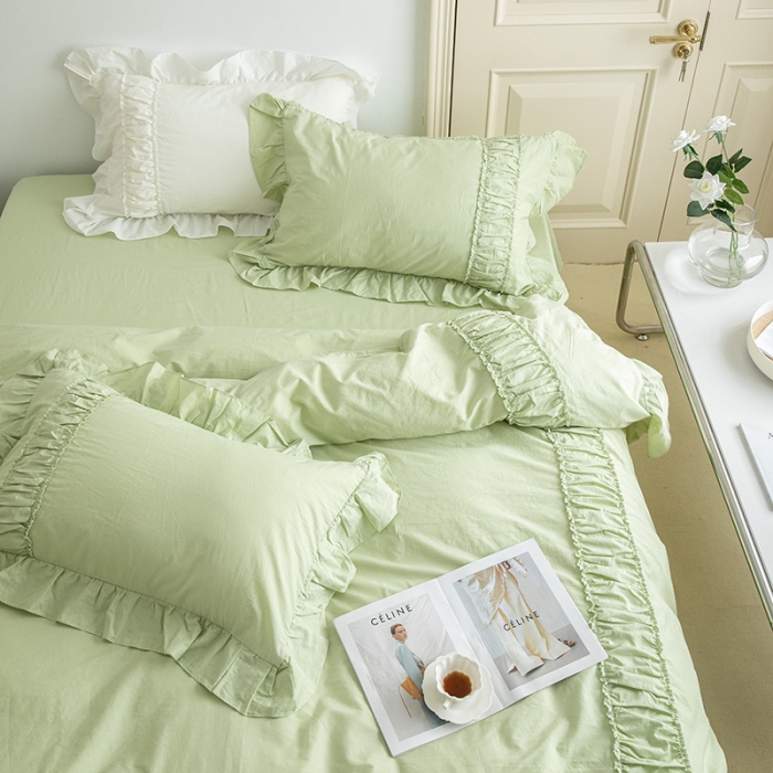 91家纺网 家纺一手货源 找家纺 玛奇朵 新款40s全棉水洗棉花边四件套-恬蜜系列 棚拍图 恬蜜-绿