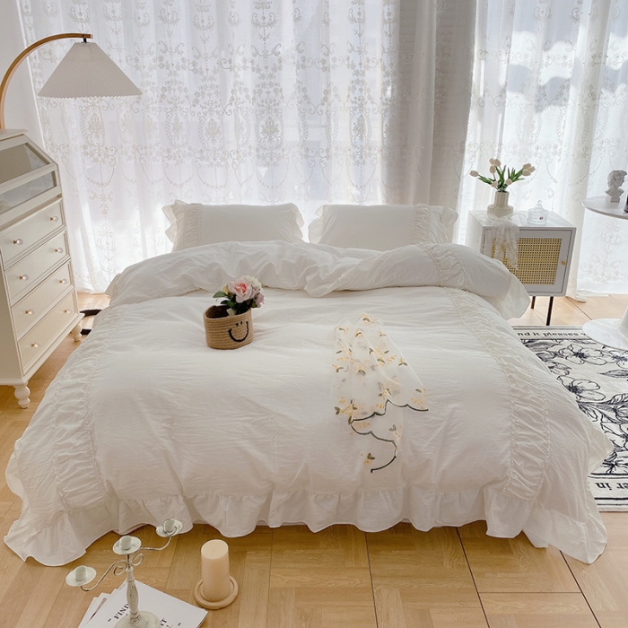 91家纺网 家纺一手货源 找家纺 玛奇朵新款40s全棉水洗棉花边四件套-恬蜜系列实拍图恬蜜-白