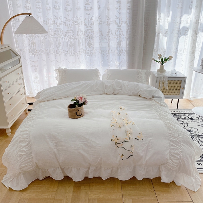 91家纺网 家纺一手货源 找家纺 玛奇朵新款40s全棉水洗棉花边四件套-恬蜜系列实拍图恬蜜-白