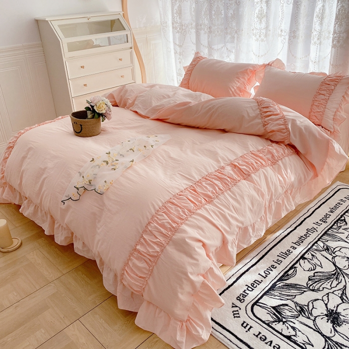 91家纺网 家纺一手货源 找家纺 玛奇朵新款40s全棉水洗棉花边四件套-恬蜜系列实拍图恬蜜-粉