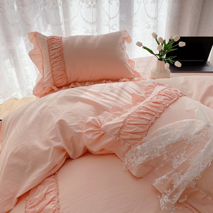 91家纺网 家纺一手货源 找家纺 玛奇朵新款40s全棉水洗棉花边四件套-恬蜜系列实拍图恬蜜-粉