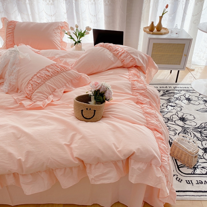 91家纺网 家纺一手货源 找家纺 玛奇朵新款40s全棉水洗棉花边四件套-恬蜜系列实拍图恬蜜-粉