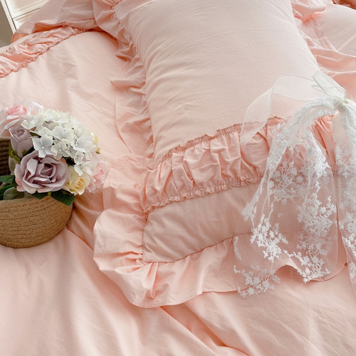 91家纺网 家纺一手货源 找家纺 玛奇朵新款40s全棉水洗棉花边四件套-恬蜜系列实拍图恬蜜-粉