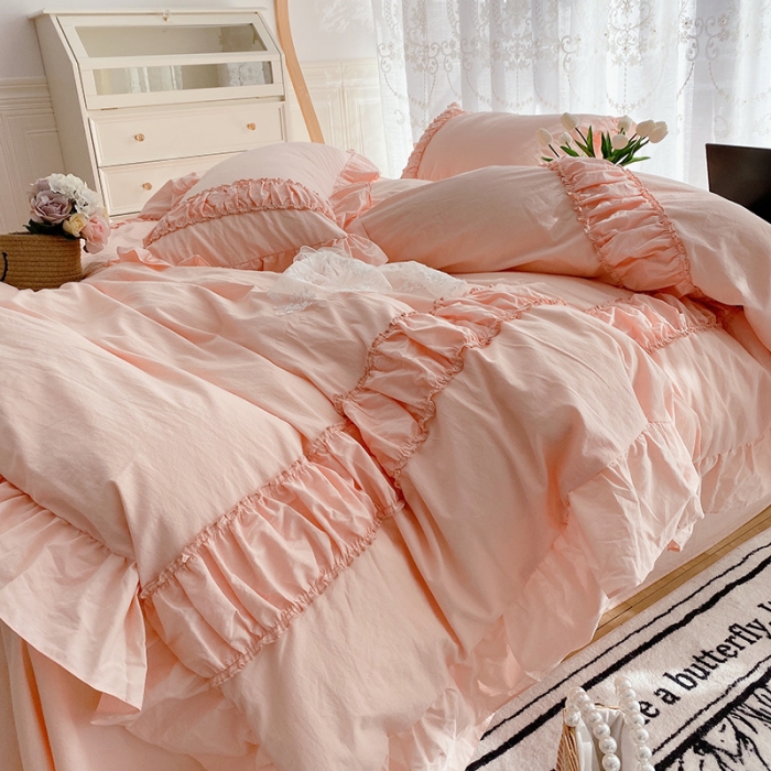 91家纺网 家纺一手货源 找家纺 玛奇朵新款40s全棉水洗棉花边四件套-恬蜜系列实拍图恬蜜-粉