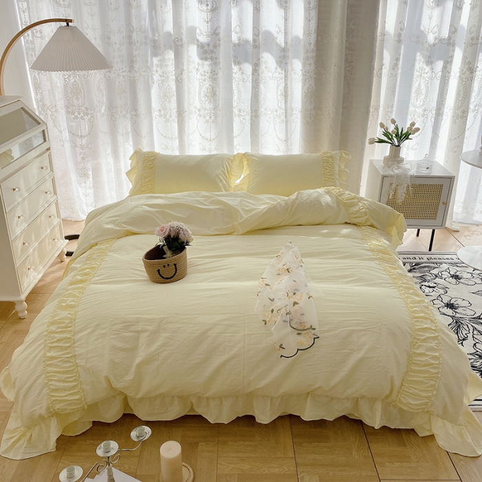 91家纺网 家纺一手货源 找家纺 玛奇朵新款40s全棉水洗棉花边四件套-恬蜜系列实拍图恬蜜-黄