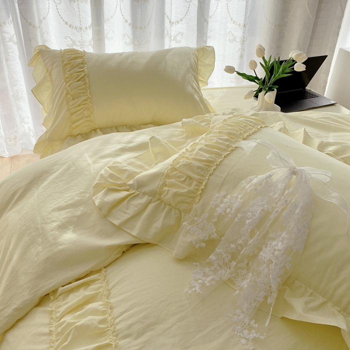 91家纺网 家纺一手货源 找家纺 玛奇朵新款40s全棉水洗棉花边四件套-恬蜜系列实拍图恬蜜-黄