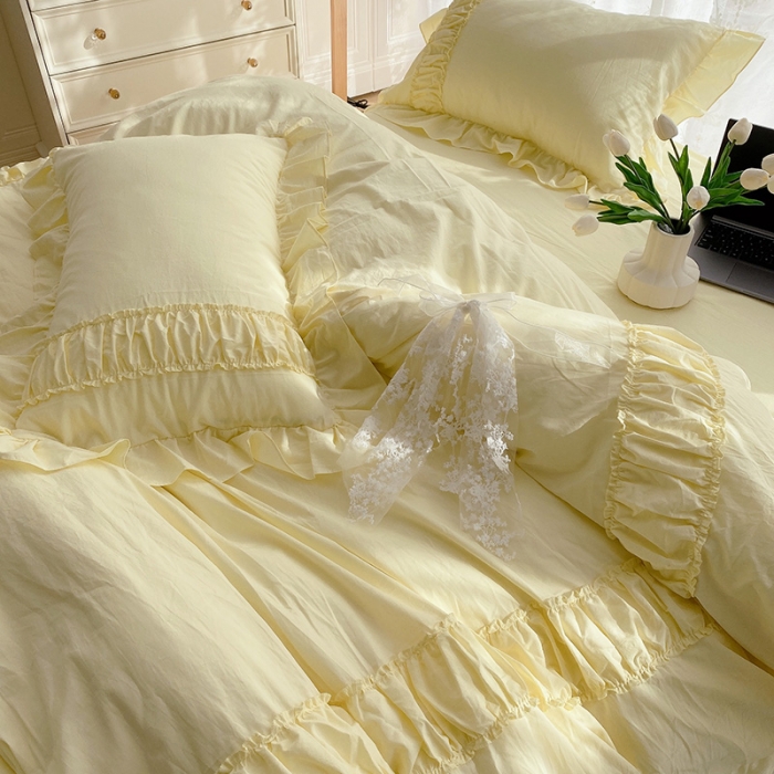 91家纺网 家纺一手货源 找家纺 玛奇朵新款40s全棉水洗棉花边四件套-恬蜜系列实拍图恬蜜-黄