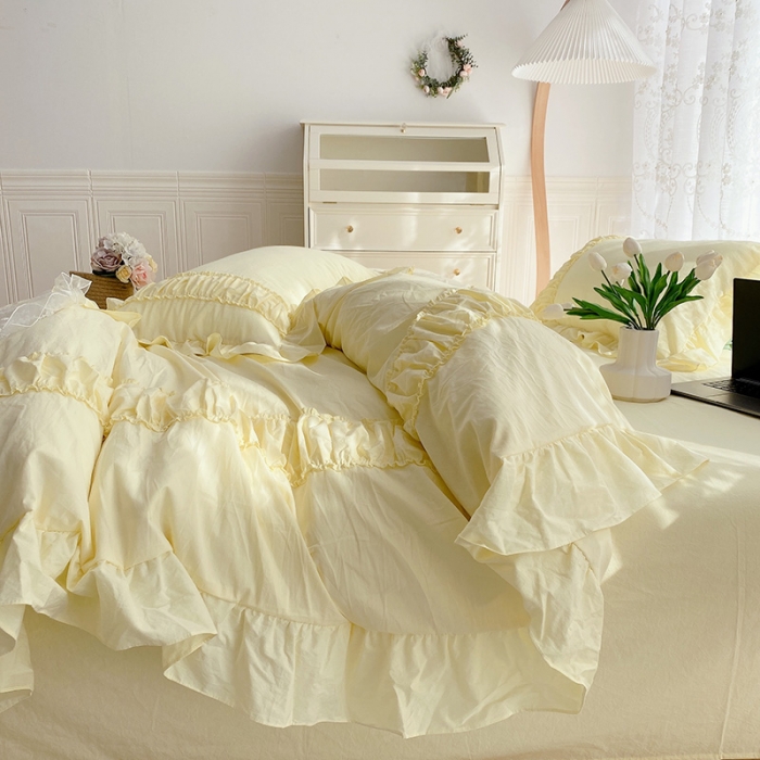 91家纺网 家纺一手货源 找家纺 玛奇朵新款40s全棉水洗棉花边四件套-恬蜜系列实拍图恬蜜-黄