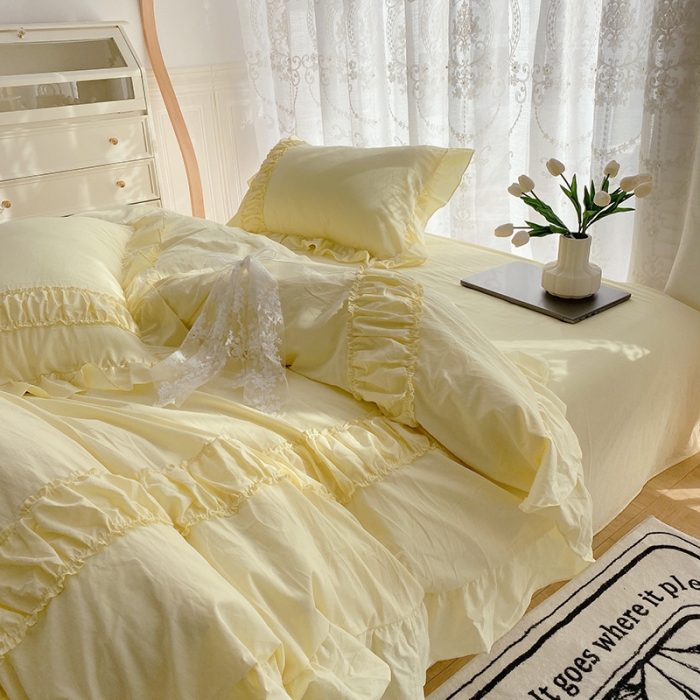 91家纺网 家纺一手货源 找家纺 玛奇朵新款40s全棉水洗棉花边四件套-恬蜜系列实拍图恬蜜-黄