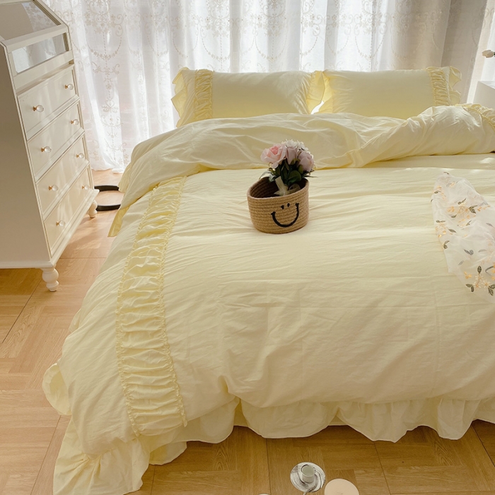 91家纺网 家纺一手货源 找家纺 玛奇朵新款40s全棉水洗棉花边四件套-恬蜜系列实拍图恬蜜-黄